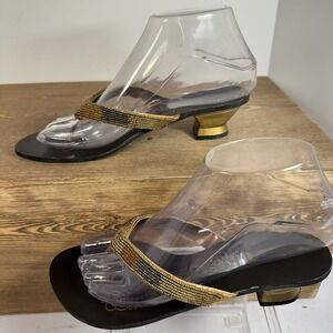 Gold Beaded Kitten Heel Sandals Womens 6 Y2K Glam Boho Festival Thong Coachella